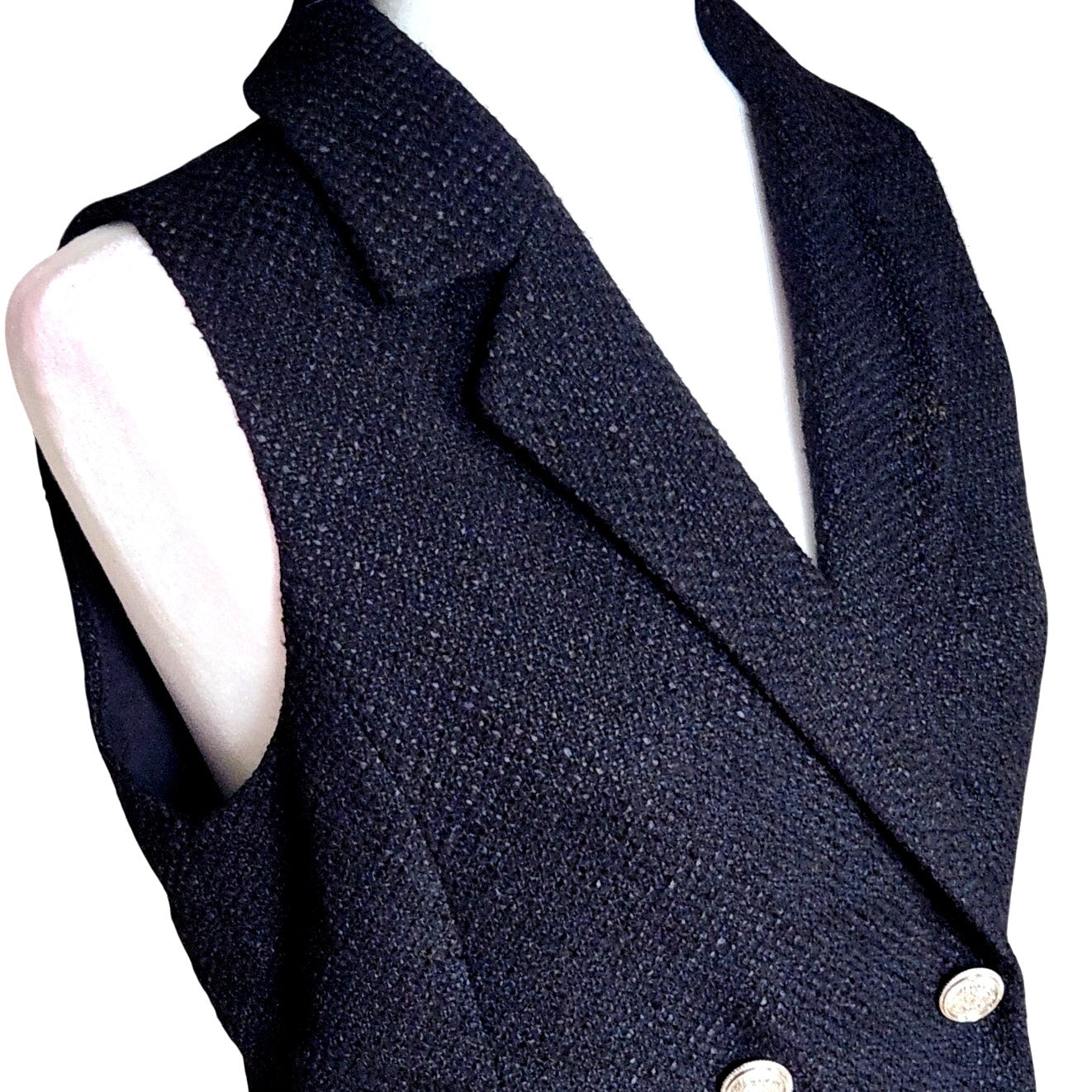 Black Boucle Tweed Sleeveless Double-Breasted Blazer Dress | Women's S