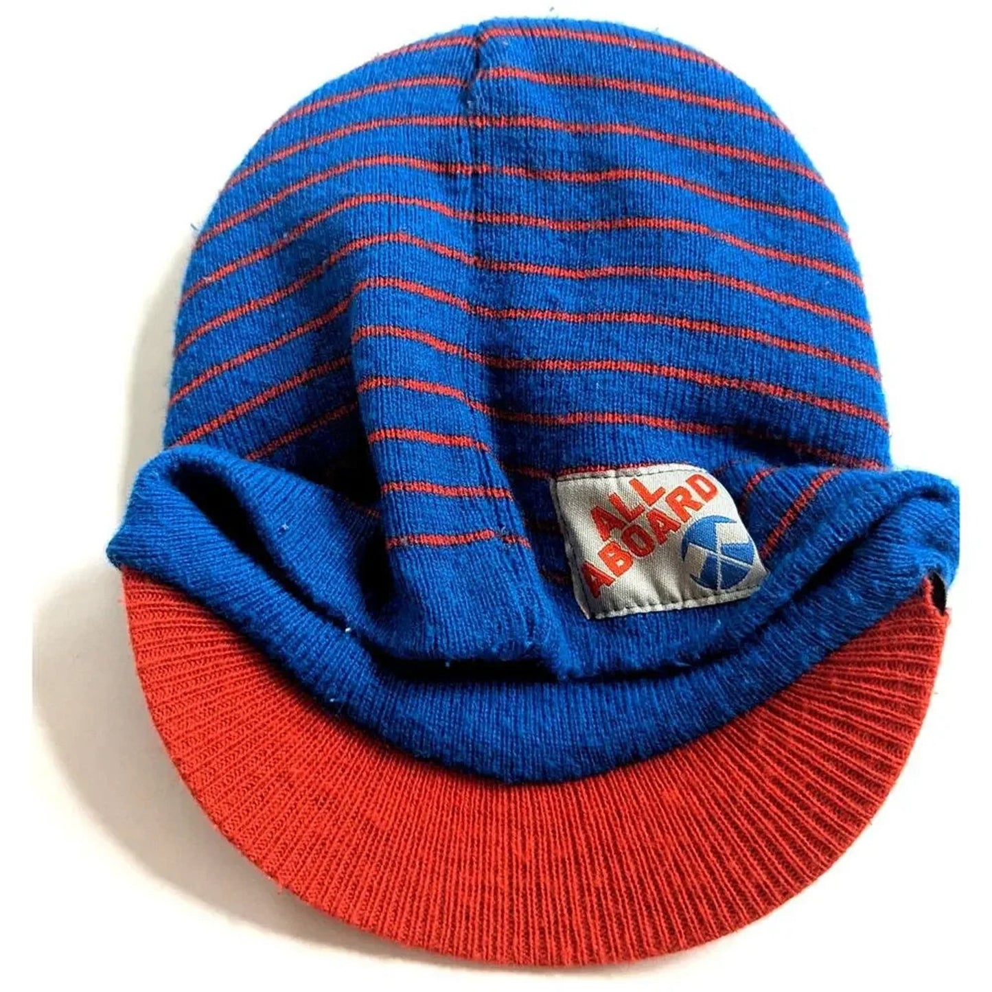 Toddler Knit Brimmed Hat – Blue & Red Trains / Tank Engines