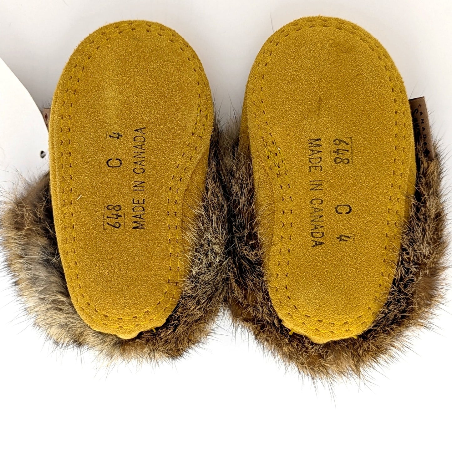 Laurentian Chief Baby Moccasins | Rabbit Fur Trim | Hand-Beaded | Size 4 | Suede Leather | Made in Canada
