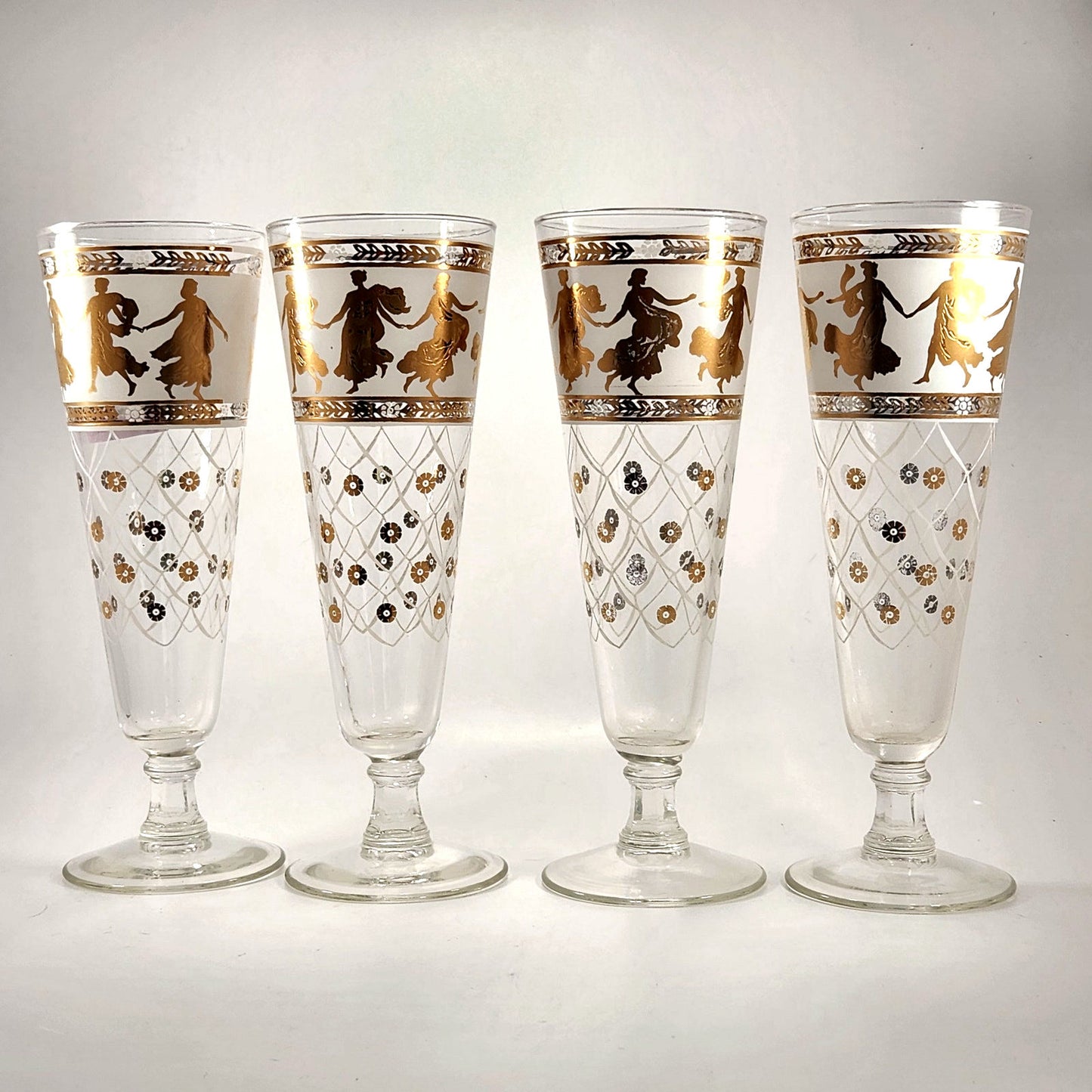 Set of 4 Vintage Aldon Greek Goddess Gold Atomic Barware Pilsner Glasses | MCM 1950s | Home Decor