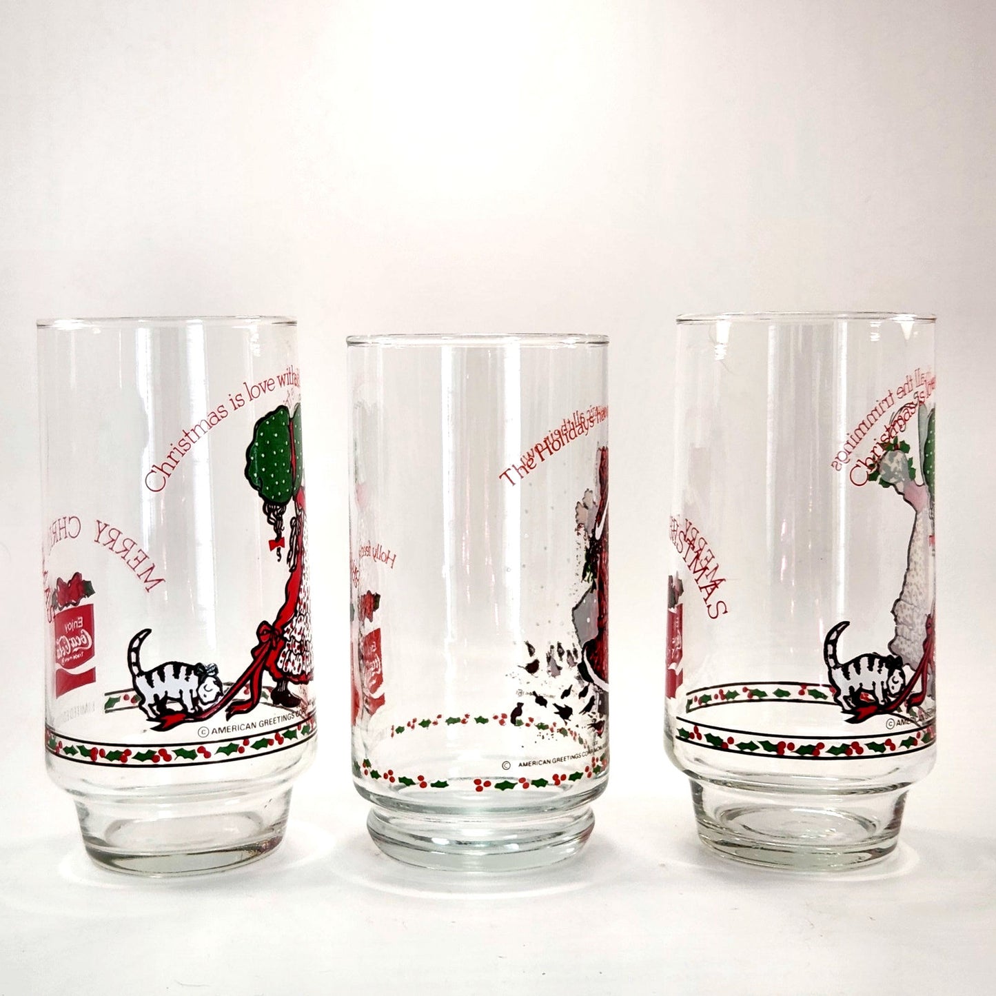 1981 Holly Hobbie Christmas Glasses – Limited Edition Coca-Cola Holiday Collection – Set of 3