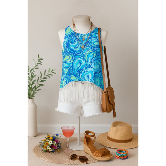 Lilly Pulitzer Women's Sonya Top – Sparkling Blue "Oh Shucks" Oyster Print Fringe Hem Size 8