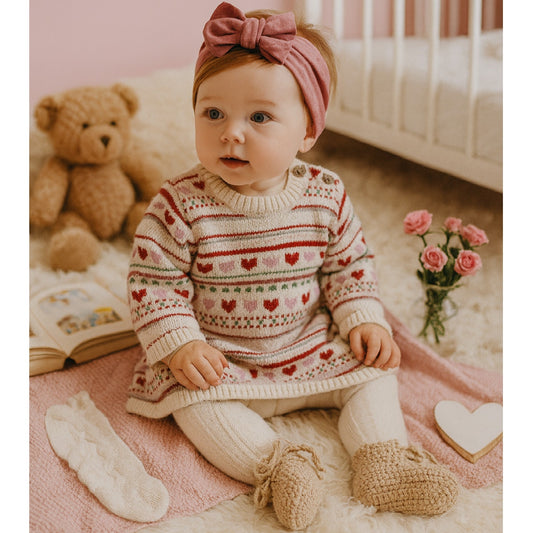 Fair Isle Heart Cotton Knit Sweater Dress – Size 12–18 Months