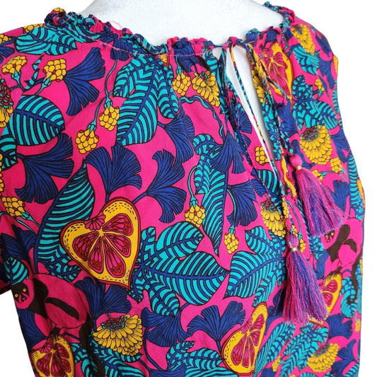 Rose + Olive Tropical Monkey Print Boho Tassel Flutter Sleeve Blouse Size L