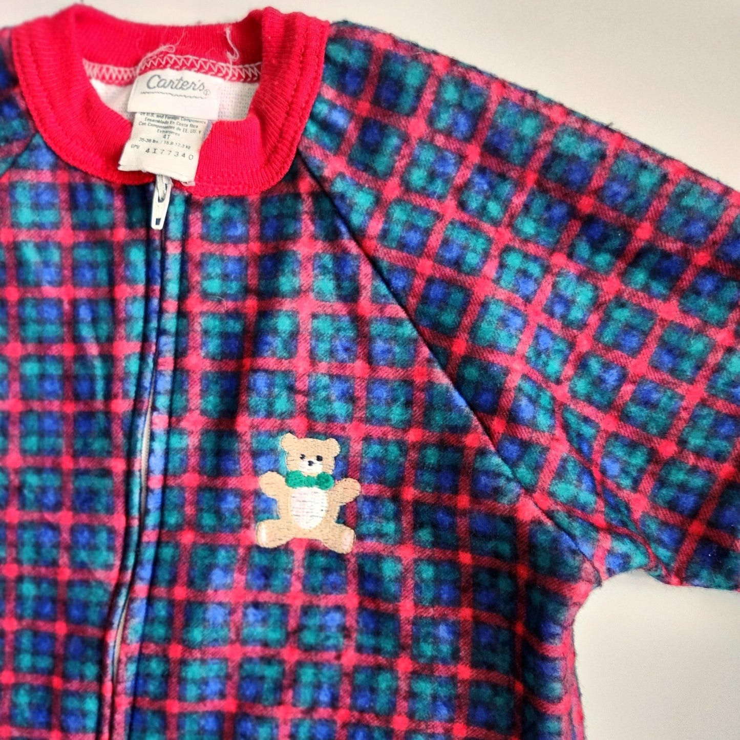 Carter's Vintage 1990s Fleece Footie Pajamas Sleeper Plaid Teddy Bear | Toddler Size 4T