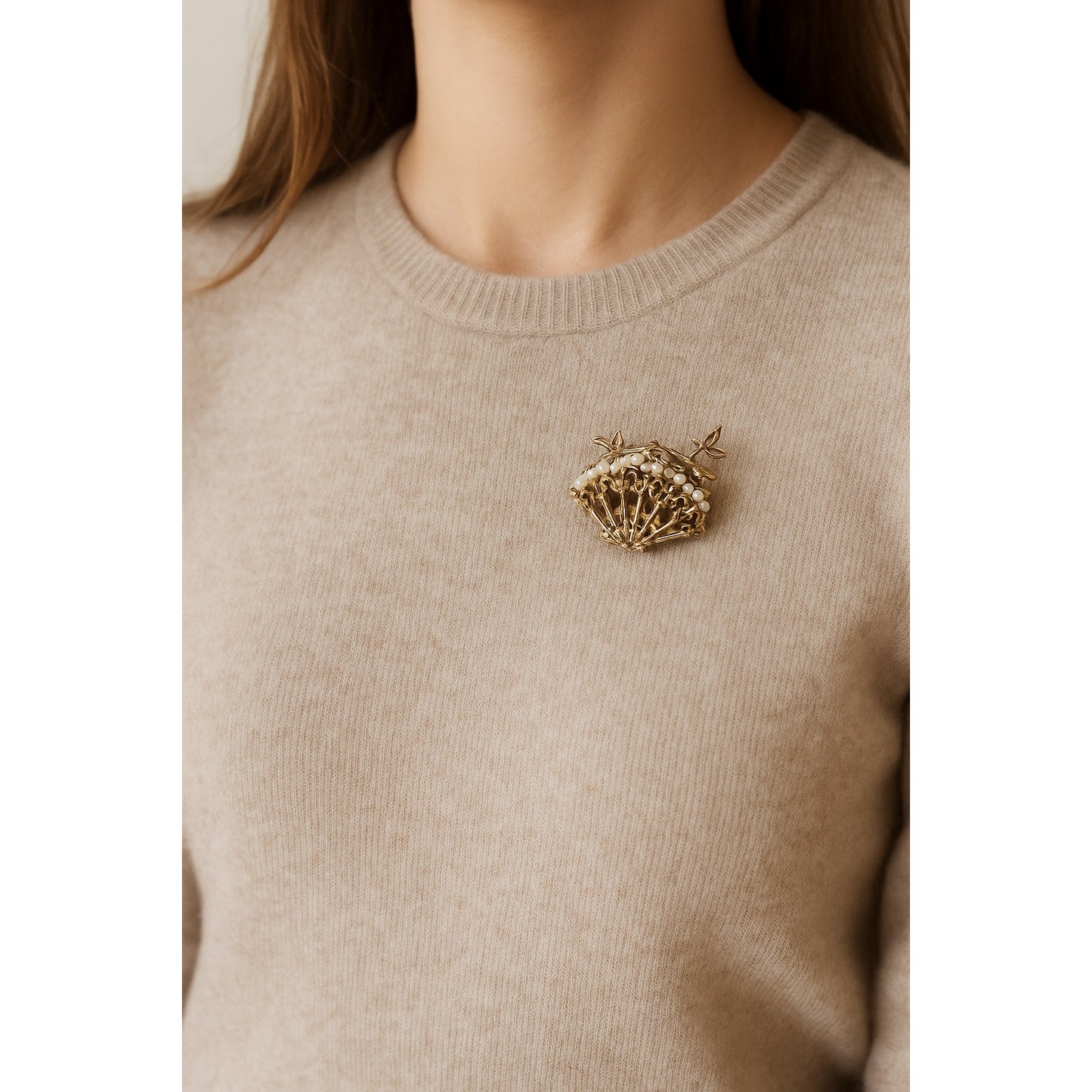 Mid-Century Gold Tone Fan Brooch with Faux Pearls – Ornate Filigree Design