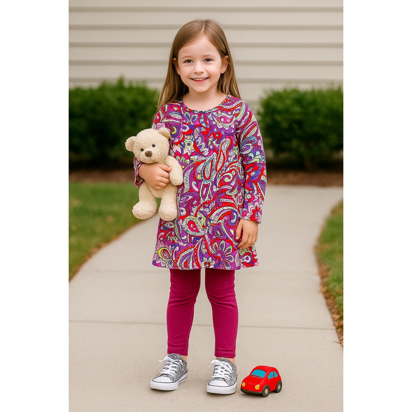 Hanna Andersson Girls Mod Paisley Long Sleeve Dress | Size 120 (6–7) | Retro Red Purple Green | Cotton