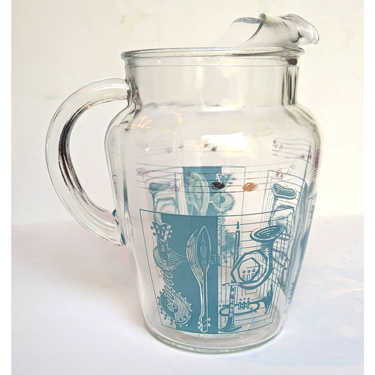 Vintage 1950s Glass Pitcher with Aqua Musical Instruments & Notes – Tall Ice Lip Pitcher – Mid-Century Barware | Home