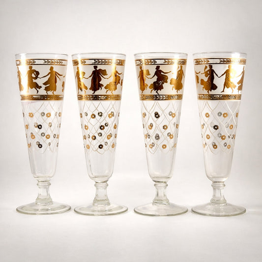Set of 4 Vintage Aldon Greek Goddess Gold Atomic Barware Pilsner Glasses | MCM 1950s | Home