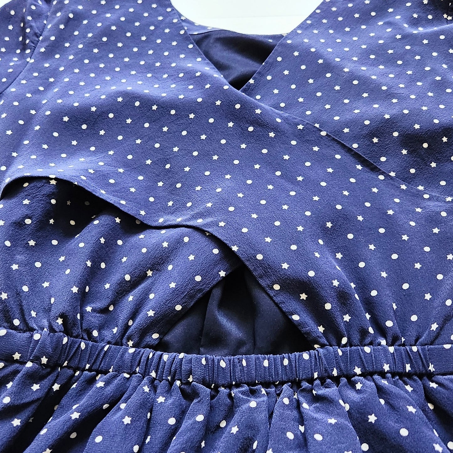 Madewell Silk Cross-Back Dress | Dots & Stars Print | Midnight Blue | Women Size 2 | Short Sleeve Lined Party Brunch Dress