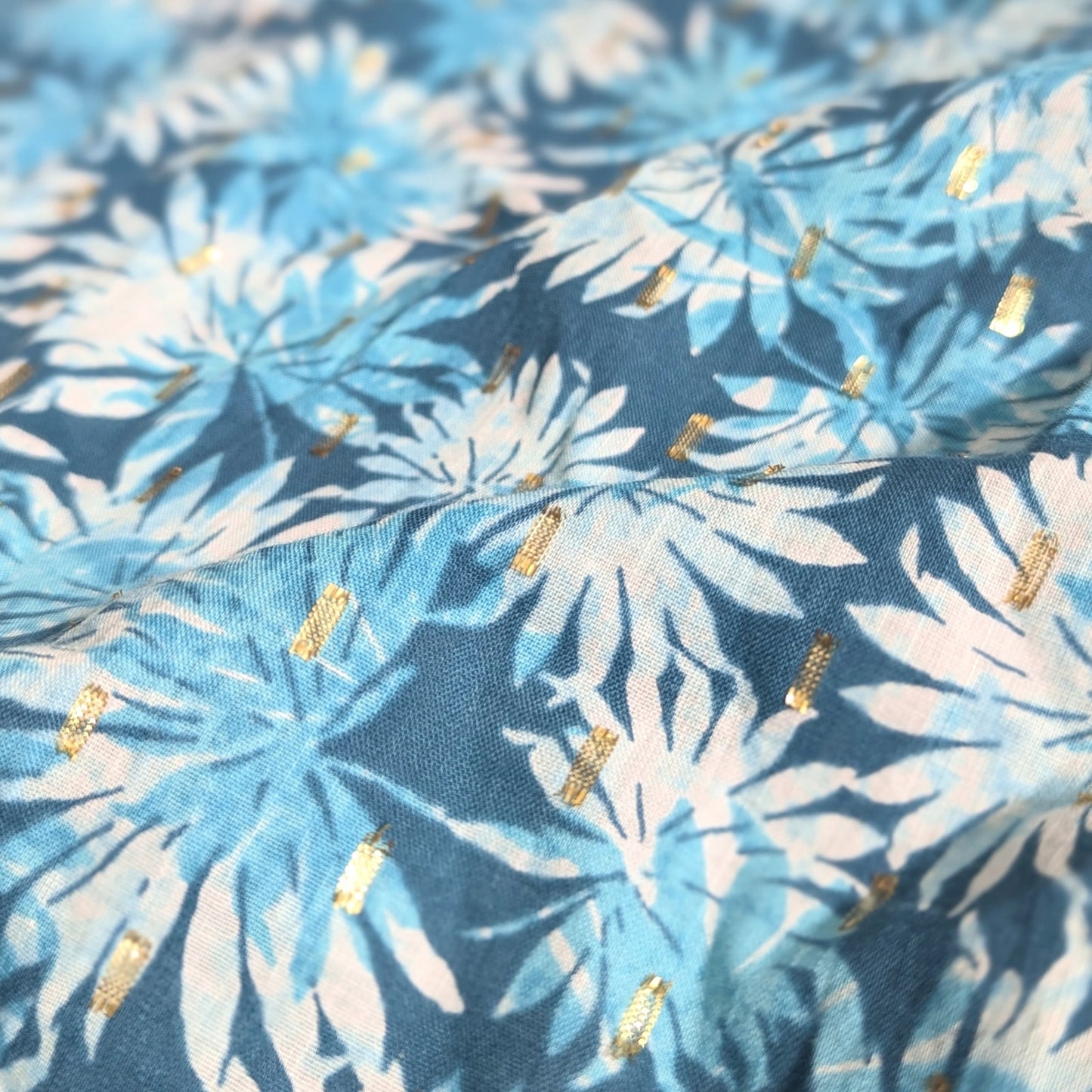 Michael Kors Women's Off Shoulder Metallic Gold Detail Floral Blouse in Nassau Teal Size S