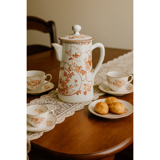 Antique Japanese Chocolate Pot | Early 20th Century Porcelain | Red Orange Floral Design with Gold Gilding | Bamboo Handle | Asian Decorative Teapot 7.5"