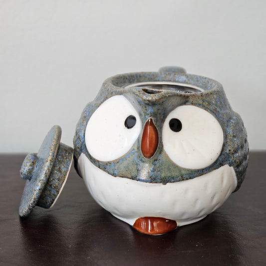 Vintage Owl Teapot Set with 2 Cups – 1970s Japanese Stoneware – Speckled Blue – Otagiri Style