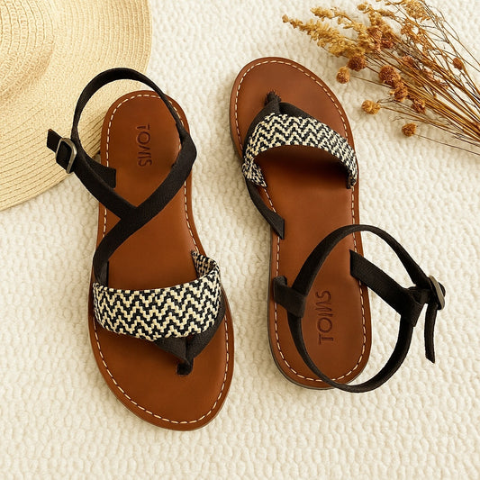 TOMS Lexie Sandal Black & White Geometric Weave | Women's Size 9