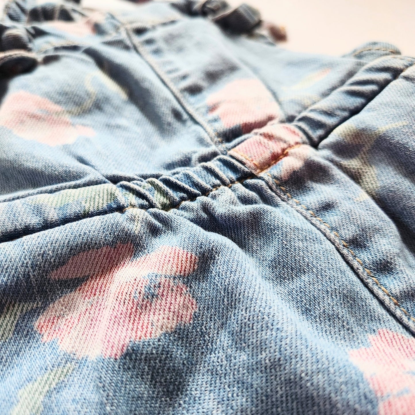 OshKosh B'gosh Pink Flower Adjustable Knotted Straps Denim Shortalls Size 2T