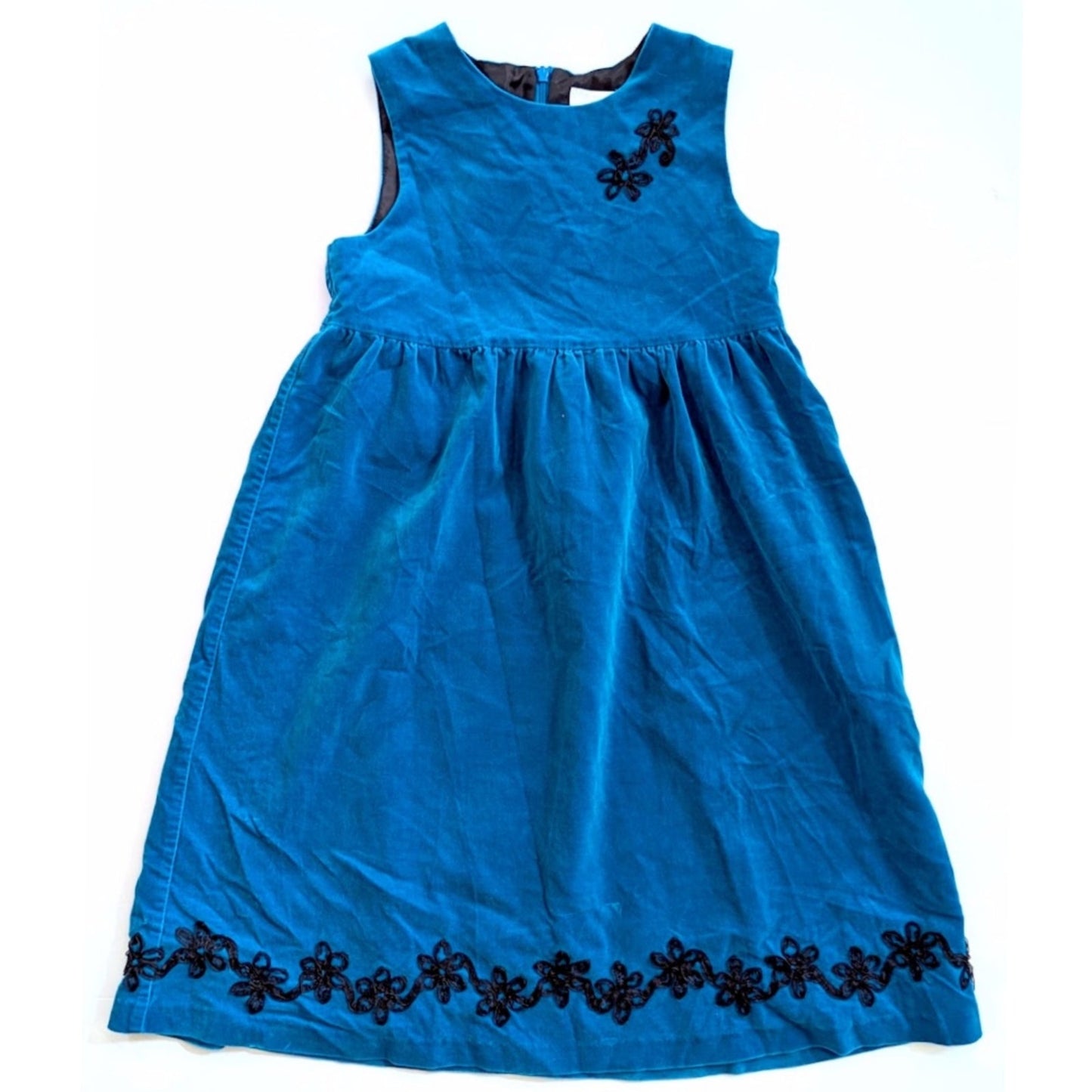 Hanna Andersson Girls Blue Velvet Jumper Dress | Size 130 (6-7) Black Ribbon Floral Detail