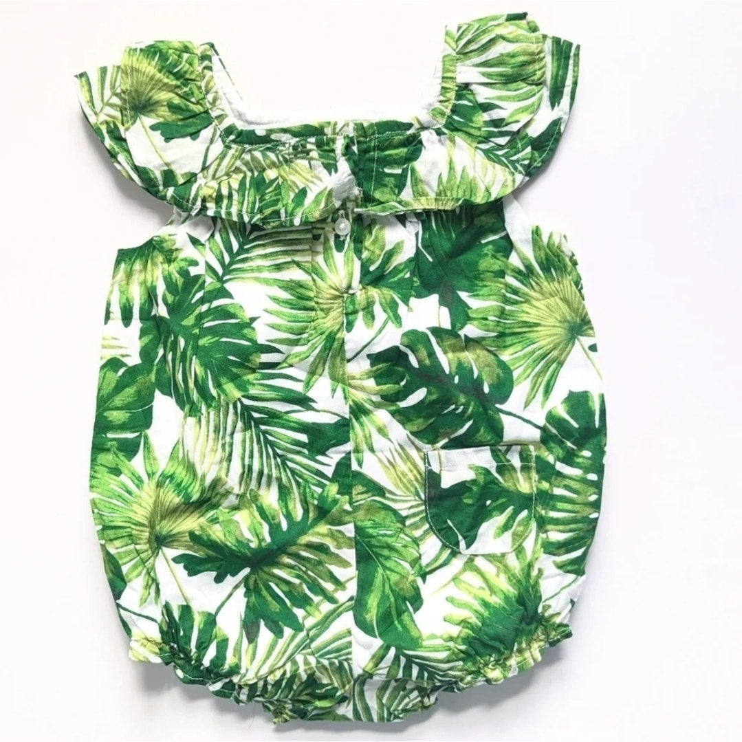 Janie and Jack Palm Leaf Bubble Romper Green Banana Leaf Print | Baby Size 3-6M