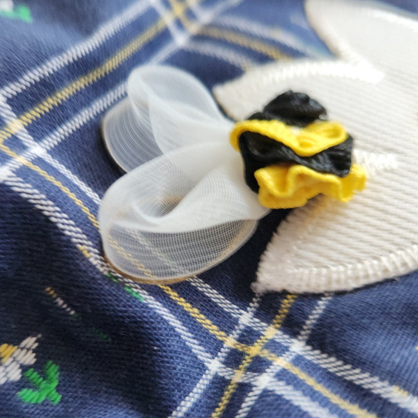 Vintage 1980s Good Lad Daisy & Bumblebee Jumper Dress | Baby Girl 18 Months | Navy Blue Plaid with Appliqué Flower & 3D Bee | Made in USA | NWT