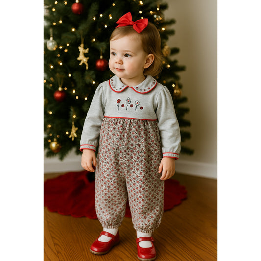 Vintage 1990s Class Club Baby Girl Romper – Floral Embroidered Bubble Suit, Red Gray White, Size 18M – Cottagecore Toddler Outfit