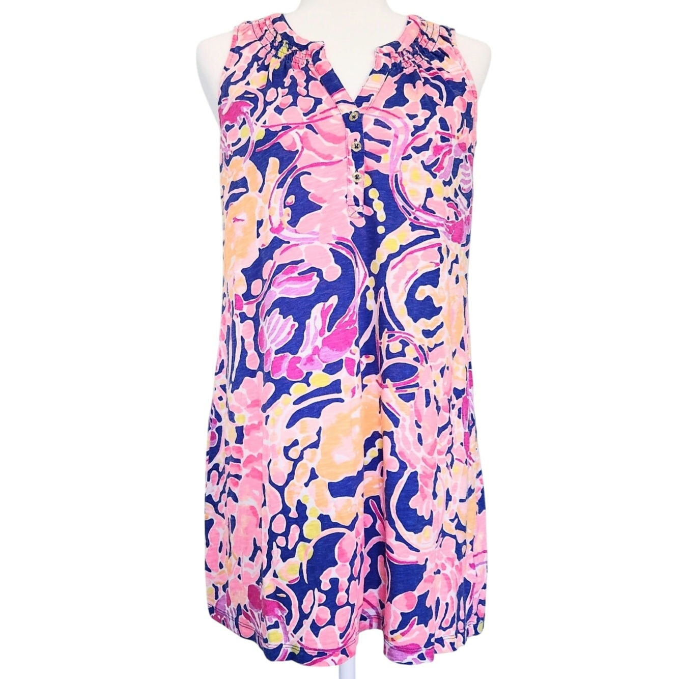 Lilly Pulitzer Essie Dress Brilliant Blue Catch & Release Pink Sea Life Print Cotton | Women's Size S