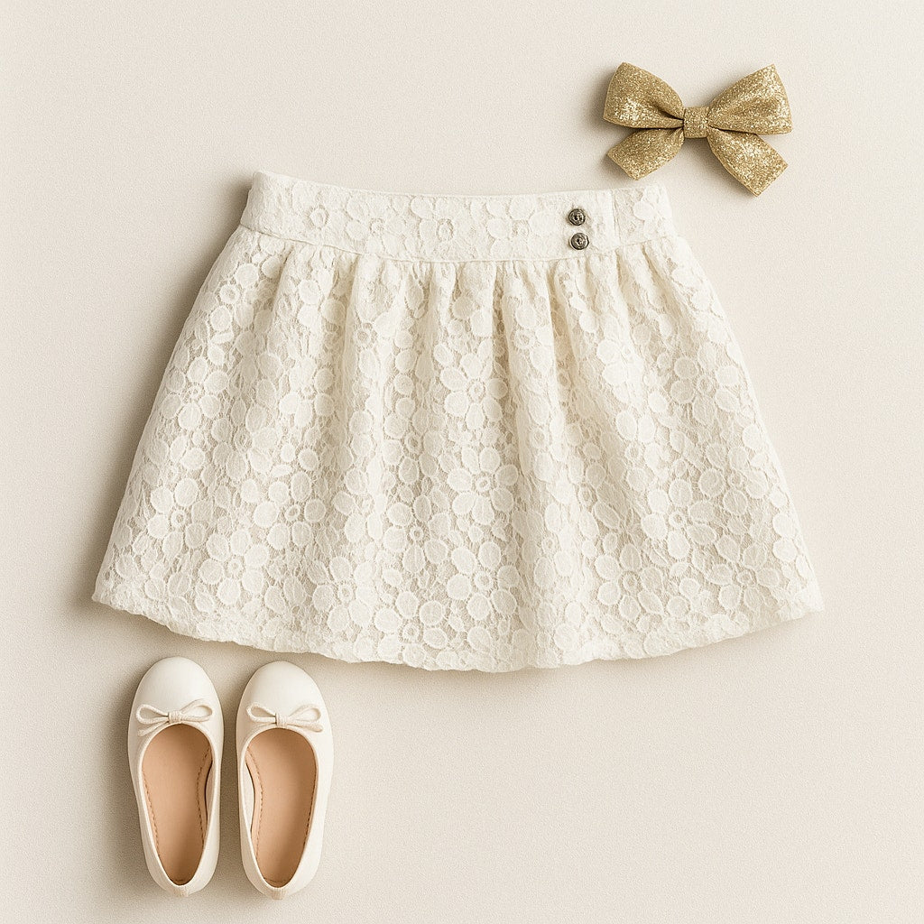 Brooks Brothers Red Fleece Girls Ivory Lace Metallic Adjustable Skirt | Size 12