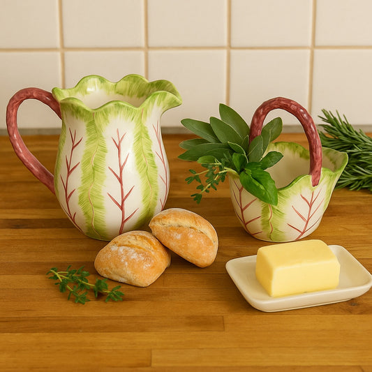 Vintage The Haldon Group Tobacco Leaf Pitcher & Handled Bowl Set – Hand Painted Japan 1988 – Cottagecore French Country Tea Home Décor