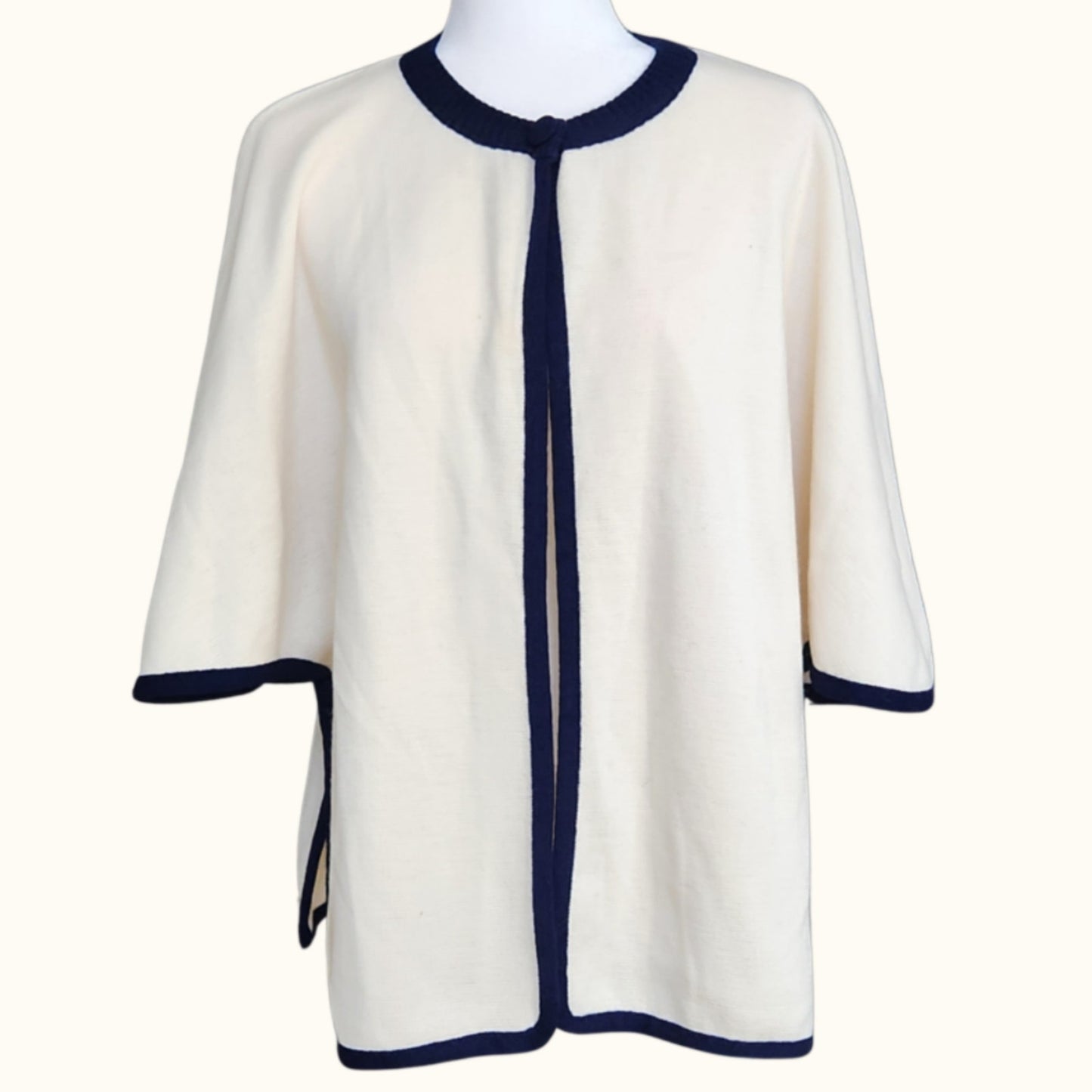 Retro-Inspired Cream Cape Jacket with Navy Trim | Classic Mod Style | Open Front