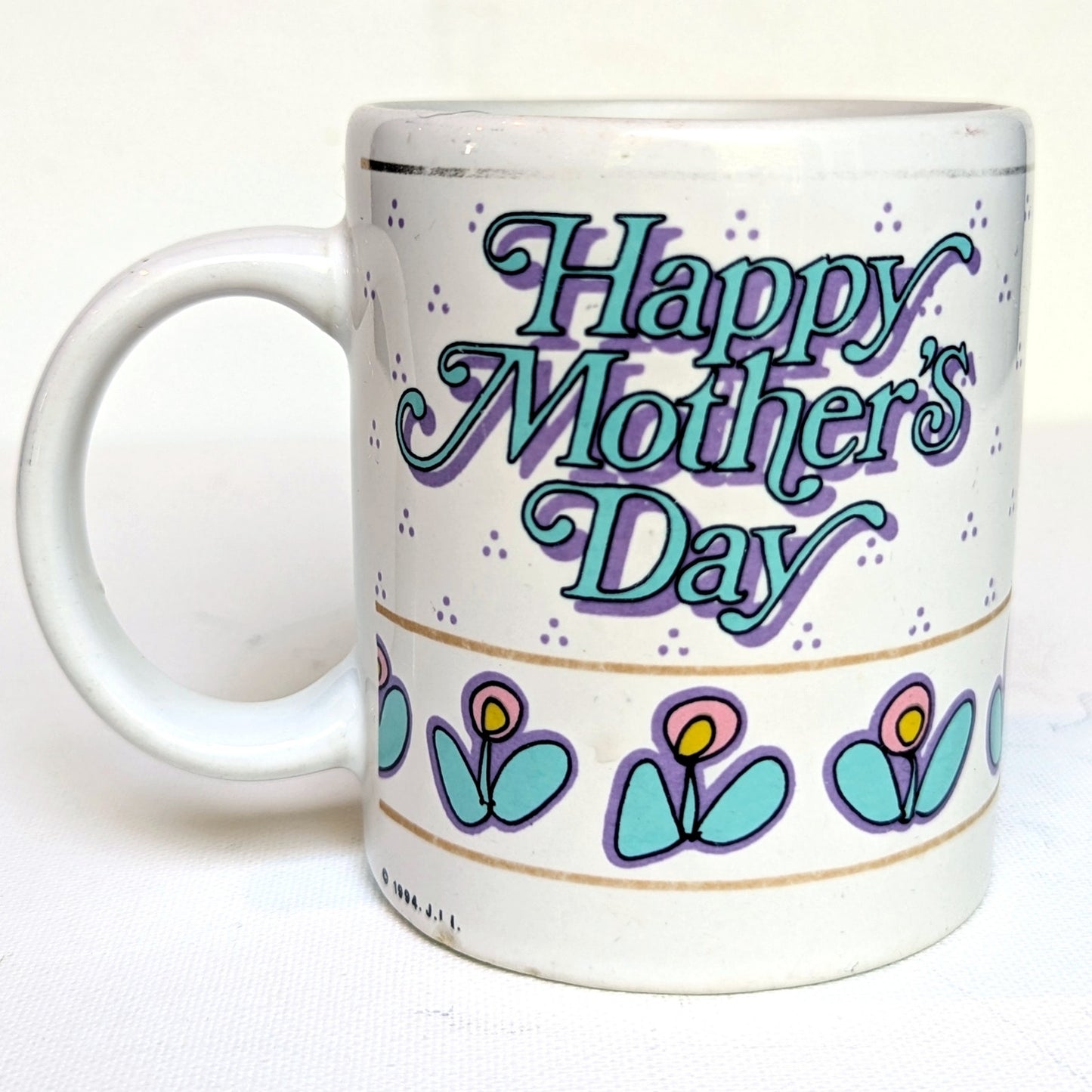 Vintage 1990s Mother’s Day Mug | 1994 Retro Ceramic Coffee Cup | Aqua & Purple Floral Design | Home Gift for Mom