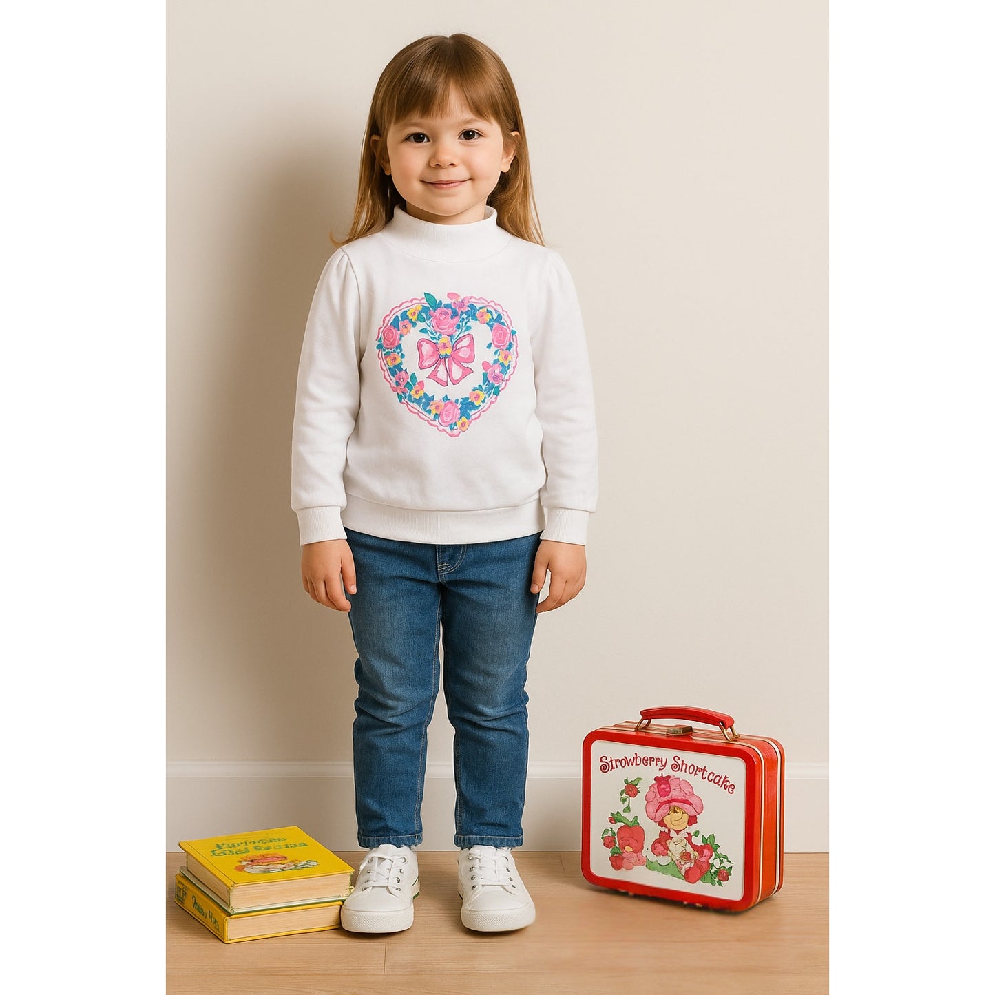 Healthtex Vintage 1980s Girls Mock Turtleneck Shirt – White Long Sleeve, Heart Wreath Bow Print, Retro Toys R Us – Size 5 – Made in USA NWT