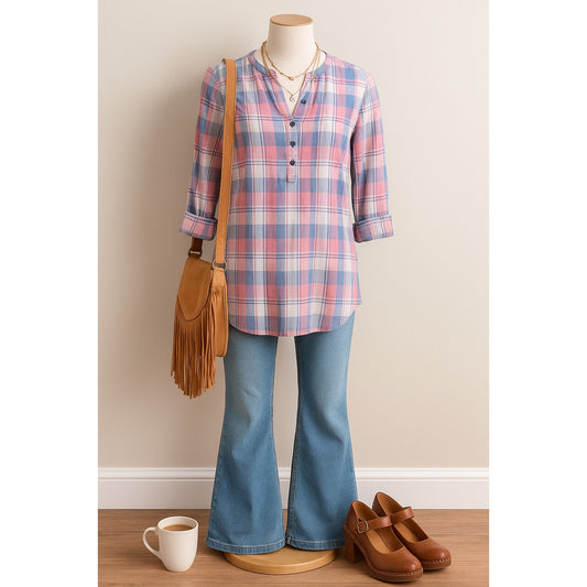 Anthropologie Holding Horses Plaid Tunic Top | Women’s 6 | Pink Mauve Blue Cotton Gauze | High Low Blouse