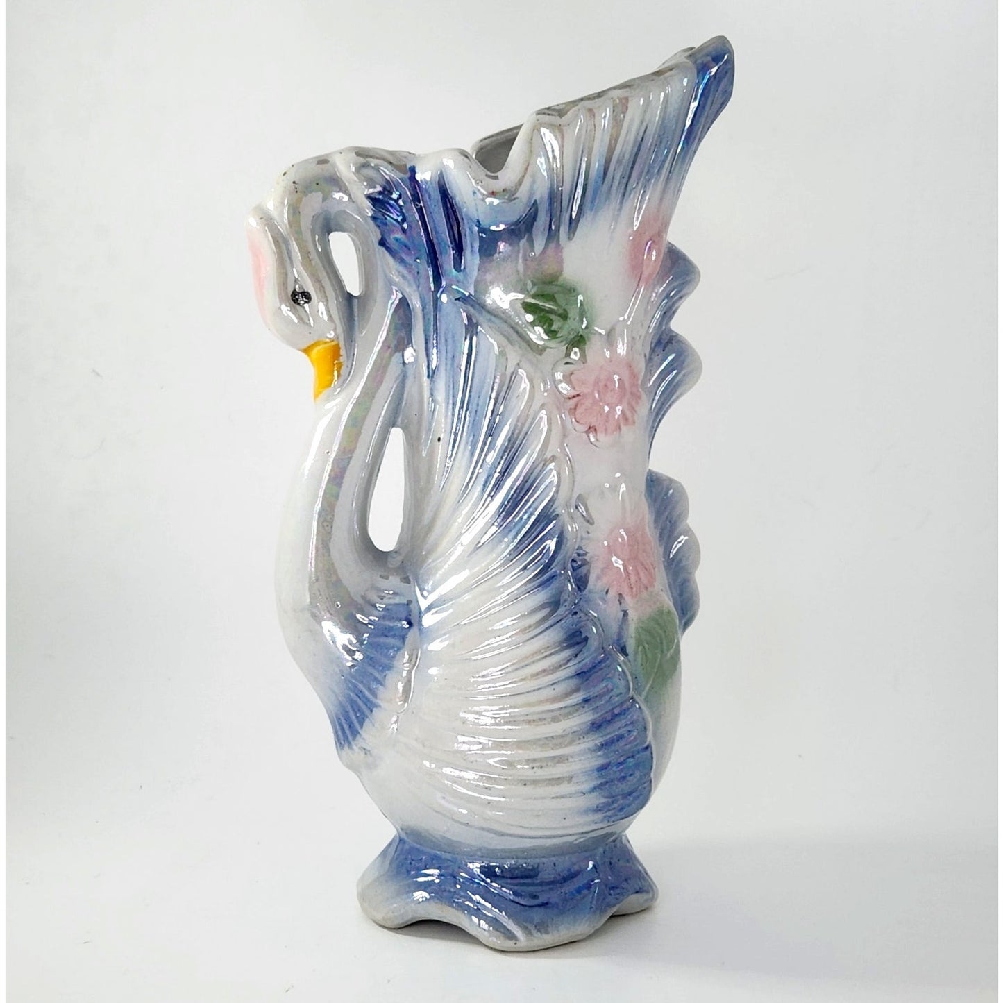 Vintage MCM Swan Vase – Iridescent Ceramic Swan Planter with Pastel Flowers