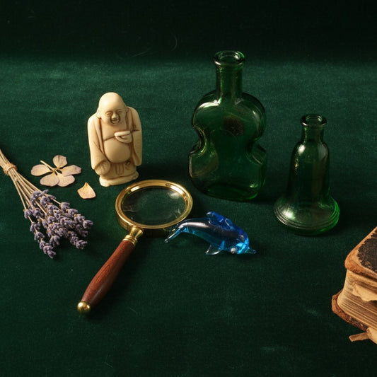 🌿 Vintage Miniature Collectibles – Green Glass Bottles, Buddha Figurine, Blue Glass Dolphin – Curio Shelf Decor