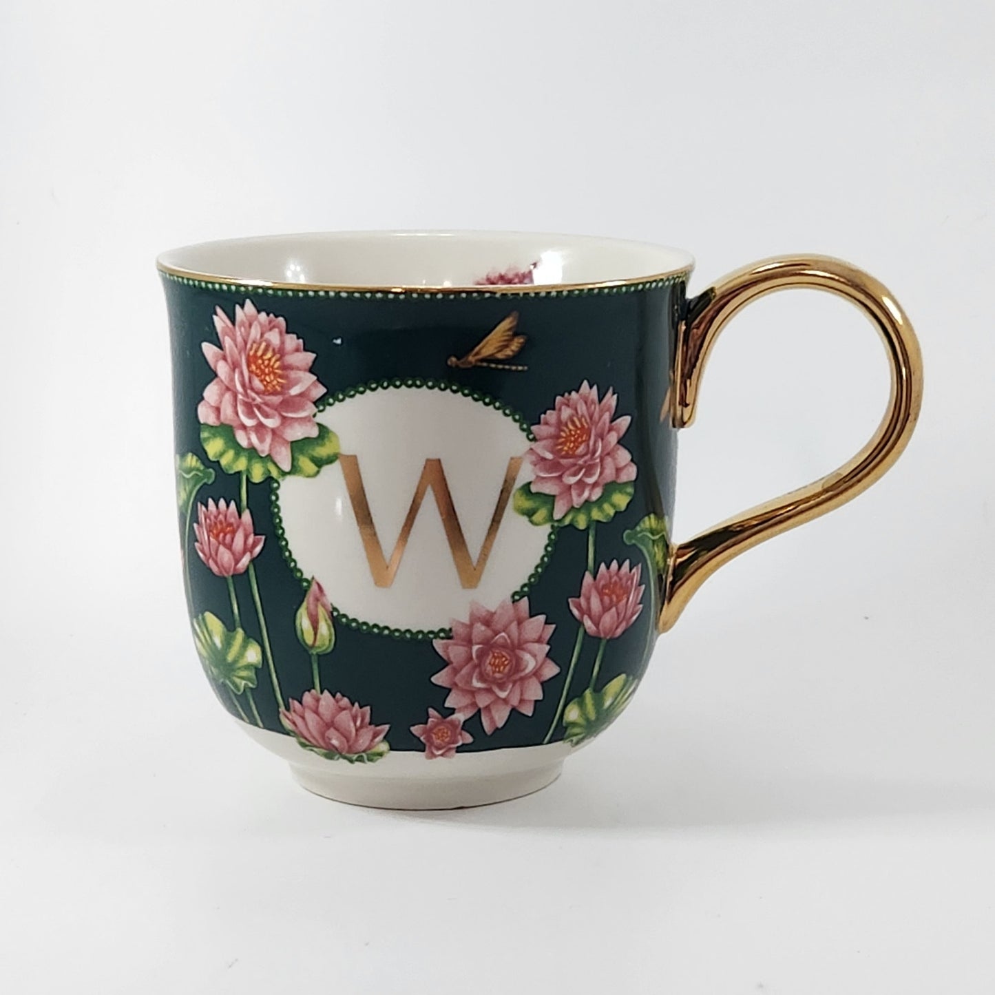 Anthropologie Lou Rota Monogram Mug “W” Green Floral Lotus Design w/ Gold Handle | Home