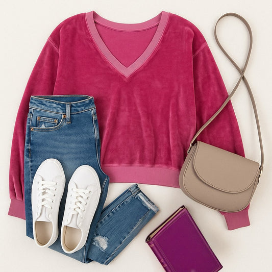 AMO for Anthropologie Pink Velour V-Neck Pullover Sweatshirt Women’s Size M