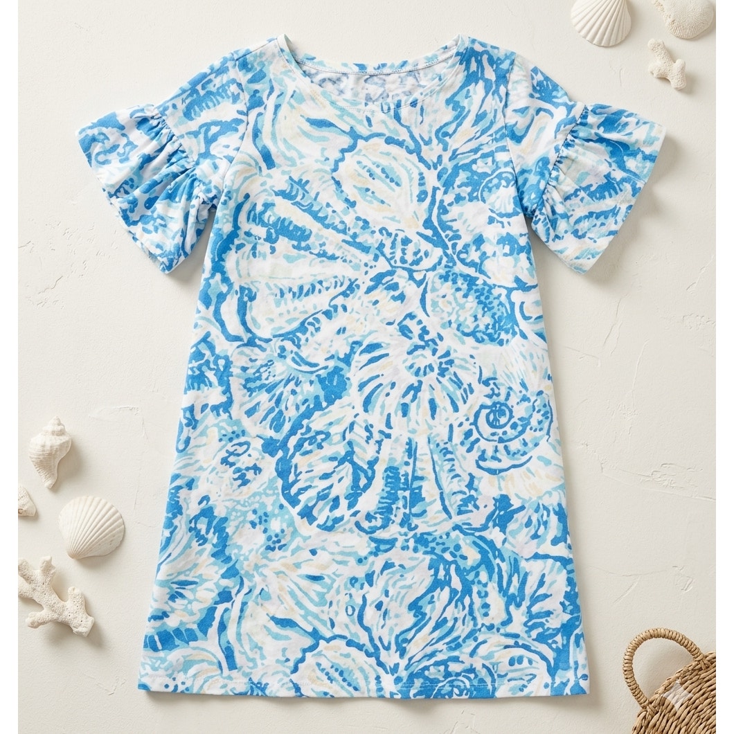 Lilly Pulitzer Girls Mini Linden Dress | Bennet Blue Shell Print | XL 12-14