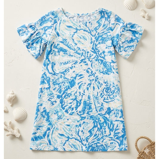 Lilly Pulitzer Girls Mini Linden Dress | Bennet Blue Shell Print | XL 12-14