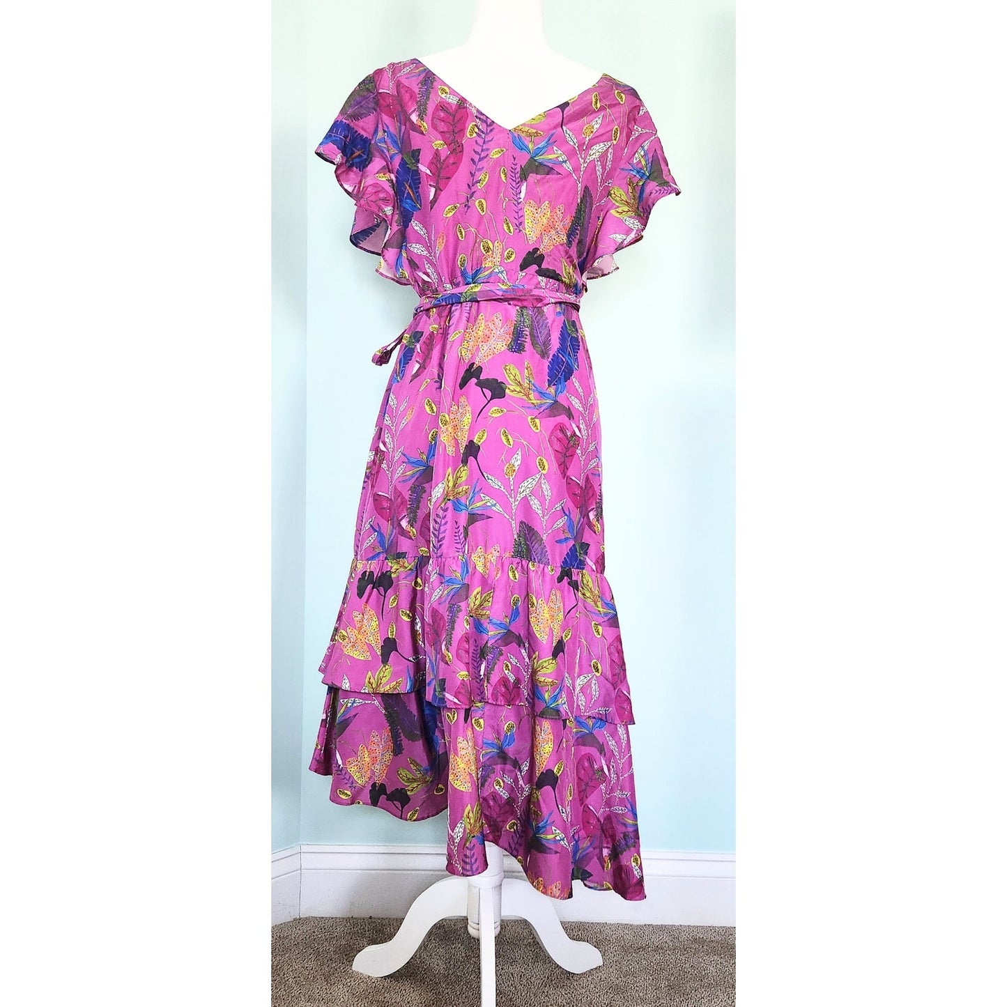 Tanya Taylor Dita Silk Wrap Ruffle Dress – Jungle Leaves Purple – Size 8