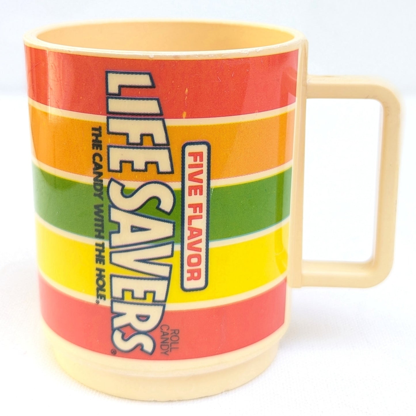 Vintage 1980s Lifesavers Five Flavor Promotional Mug – Retro Plastic Candy Cup – Bright Rainbow Home Kitchenware – Collectible Advertising Mug