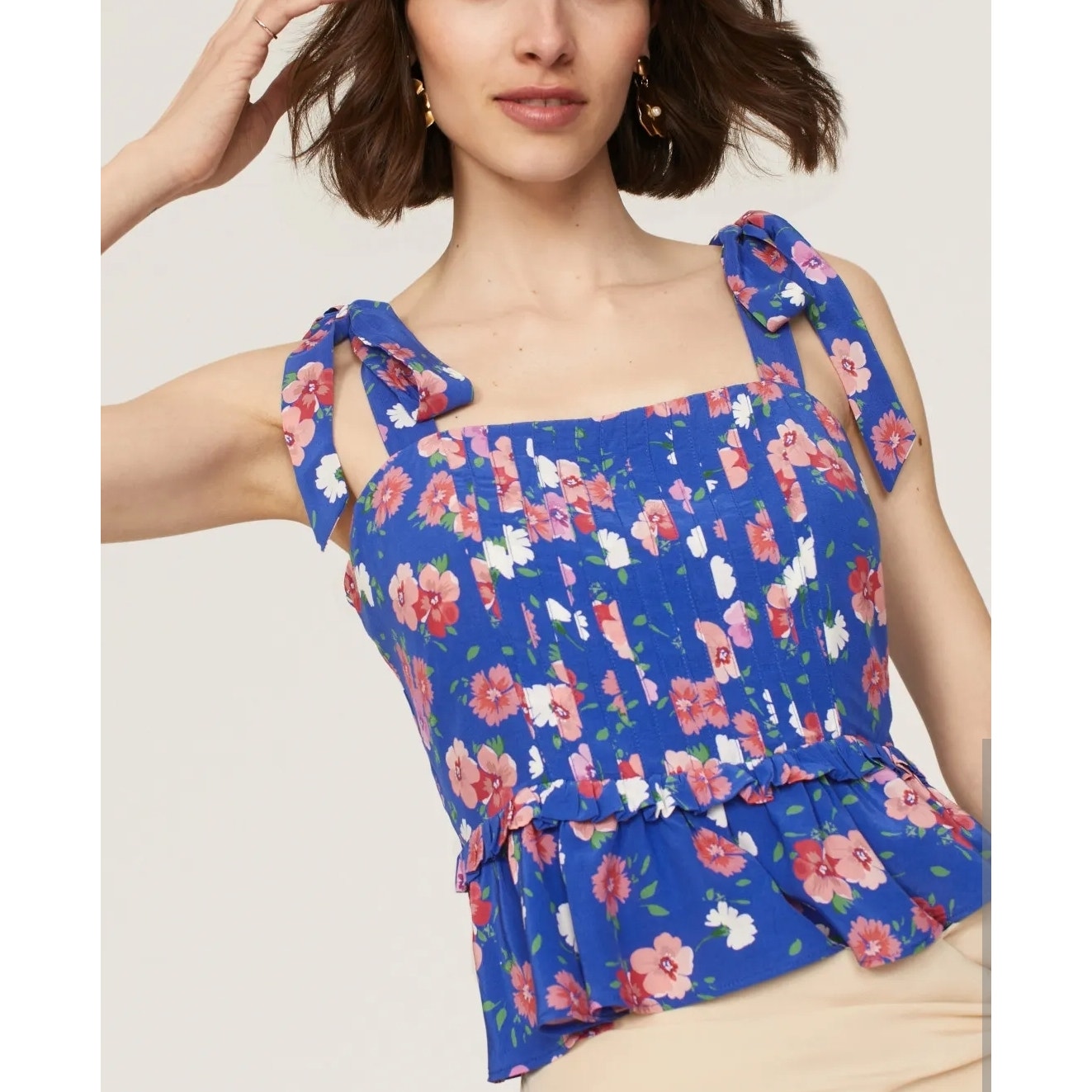 Yumi Kim Women's Blue Floral Tie Strap Peplum Aroma Top Size L