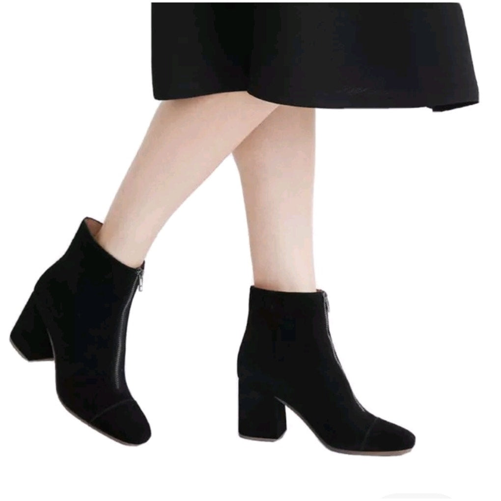 The Amalia Zip Ankle Boot in Suede True Black – Women's 10