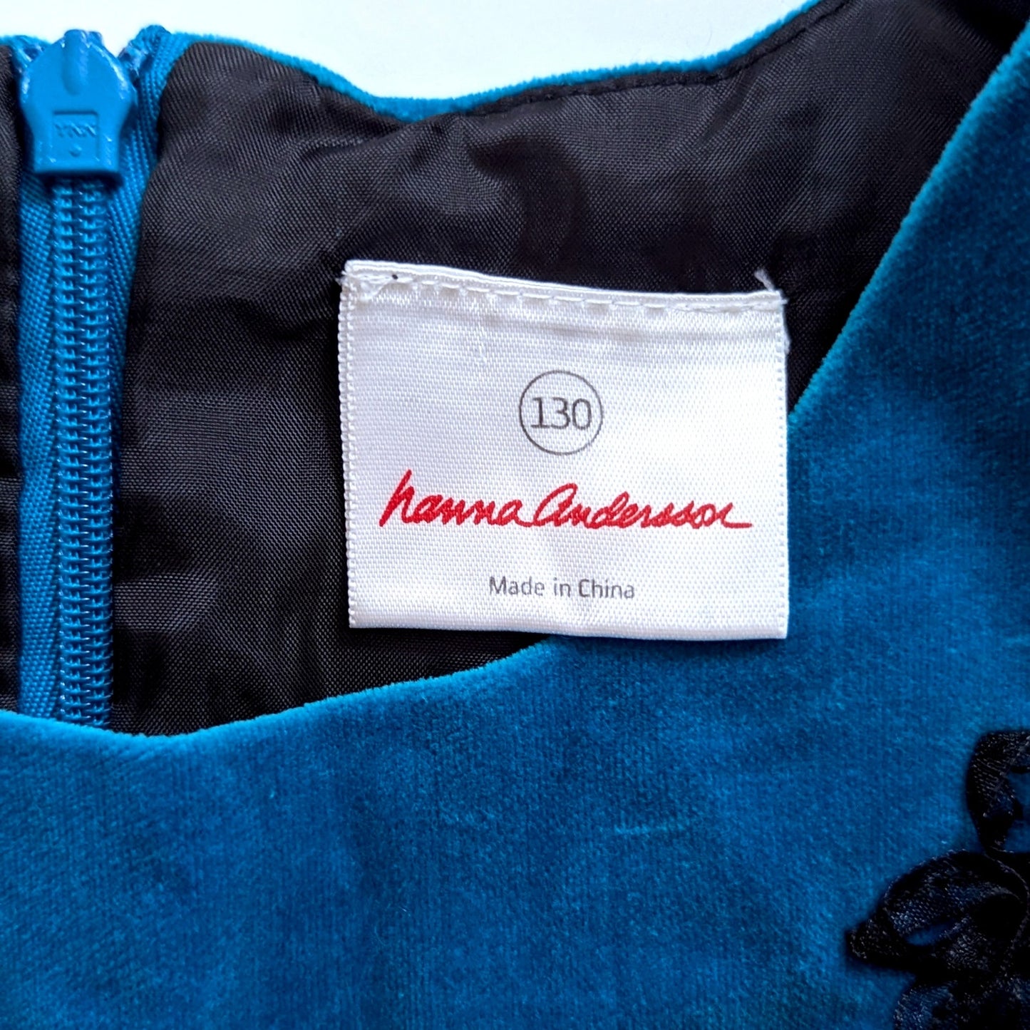 Hanna Andersson Girls Blue Velvet Jumper Dress | Size 130 (6-7) Black Ribbon Floral Detail