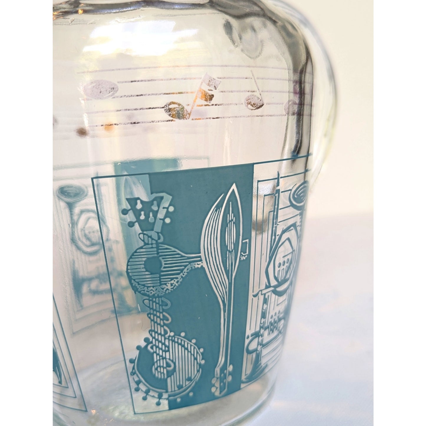 Vintage 1950s Glass Pitcher with Aqua Musical Instruments & Notes – Tall Ice Lip Pitcher – Mid-Century Barware | Home