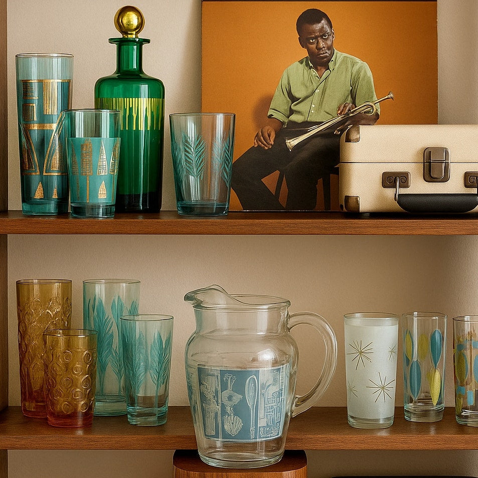 Vintage 1950s Glass Pitcher with Aqua Musical Instruments & Notes – Tall Ice Lip Pitcher – Mid-Century Barware | Home