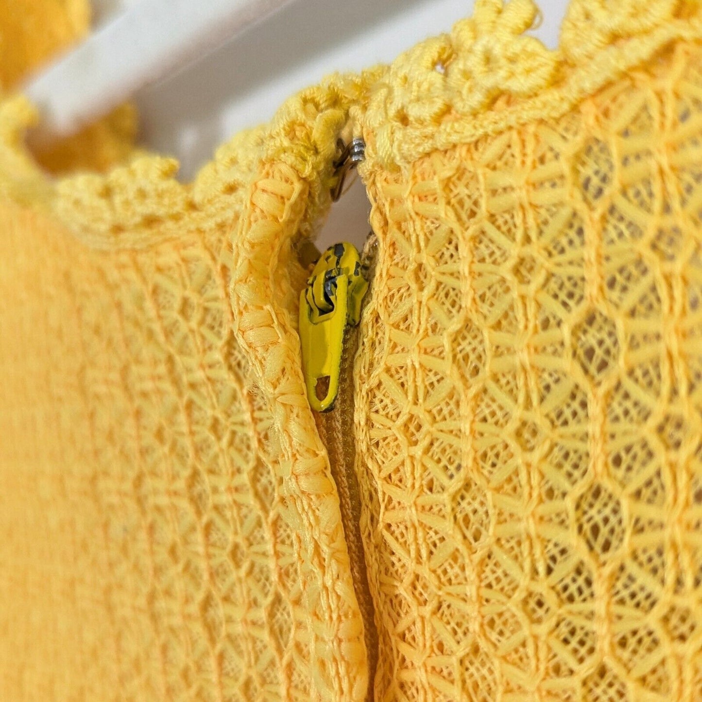 Vintage 1960s Marigold Yellow Maxi Dress | Empire Waist Lace Bodice with Daisy Trim & Bow | Boho Hippie Festival Gown | Women's Size M