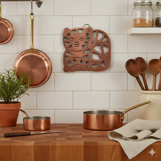 1995 Copper Cat Trivet with Cast Iron Backing and Wall Hanger