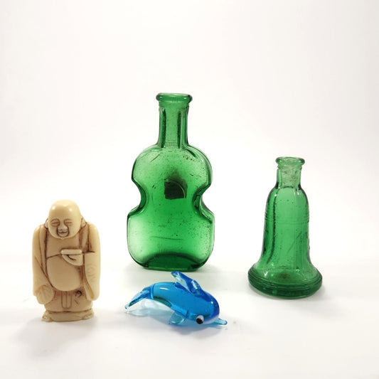 🌿 Vintage Miniature Collectibles – Green Glass Bottles, Buddha Figurine, Blue Glass Dolphin – Curio Shelf Decor