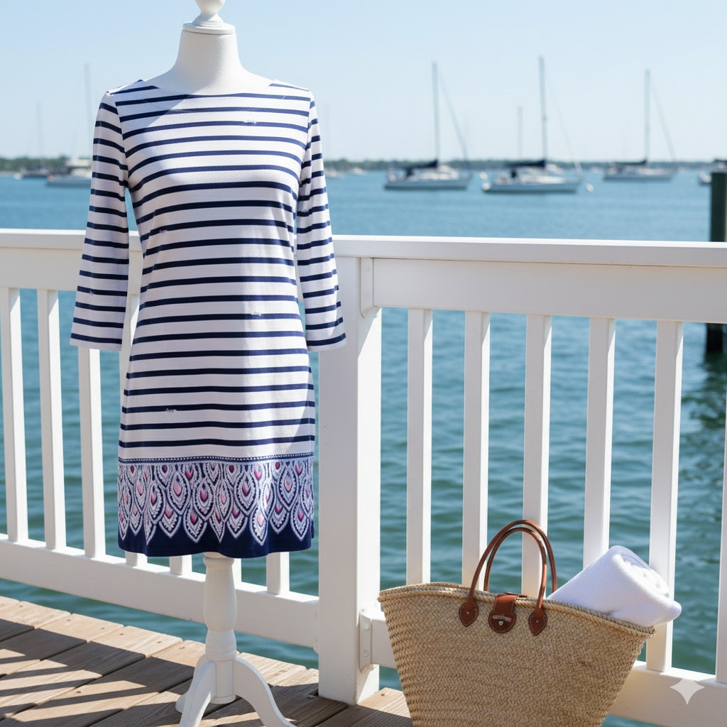 Lilly Pulitzer Beacon Blue Serene Striped Peacock Engineered Dress – Women's Small