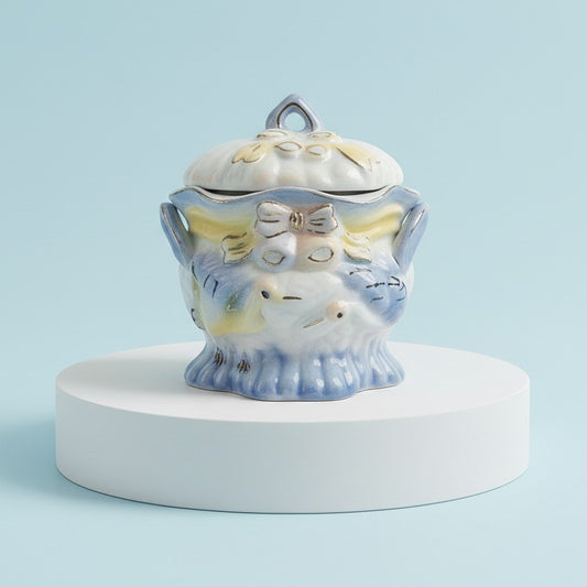 Vintage Porcelain Crane Trinket Box | 1970s Pastel Blue Lidded Dish | Cottage Vanity Decor