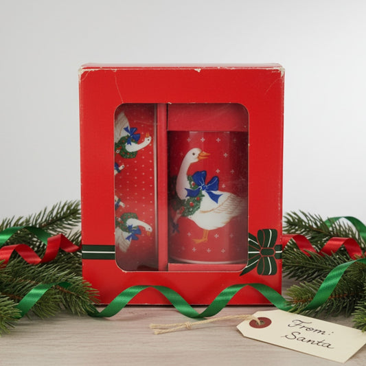 1980s Christmas Goose Bath Set – Soap Dish & Tumbler in Original Box – Red Holiday Goose with Wreath & Blue Bow