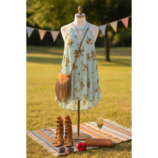 Free People Faded Floral Tunic Dress Women’s Small Mint Brown Sleeveless Swing Crinkle Boho